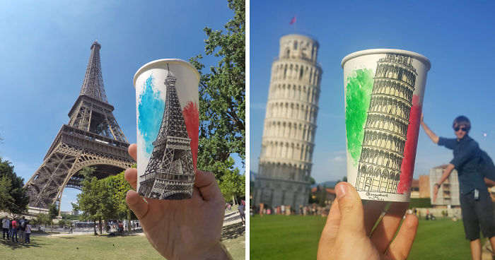 Artist Travels The World And Uses Paper Coffee Cups As His Canvas To Reflect What He Sees