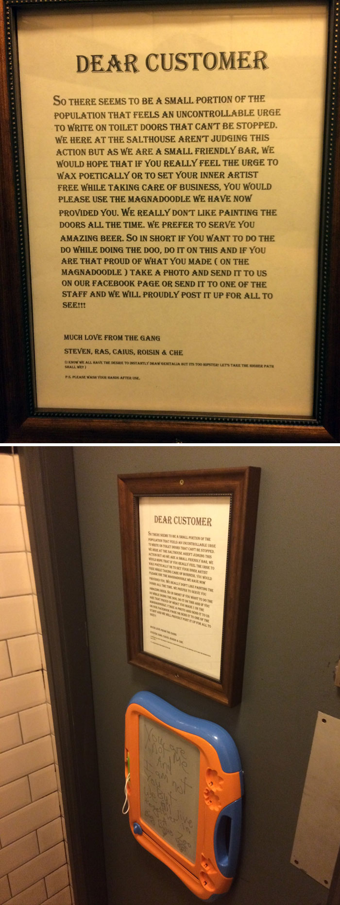 A Pub In Ireland Had A Problem With Graffiti On The Toilet Doors, This Was Their Solution