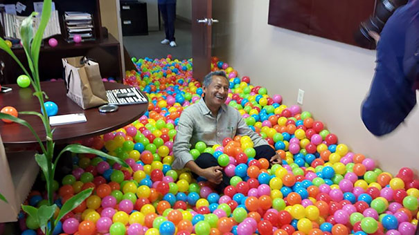 The President Of Our Company Is A Giant Kid, So For His Birthday We Made His Office Into A Ball Pit
