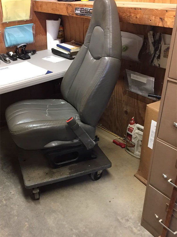 The Company I Work For Wouldn't Buy The Guy That Runs The Shop A New Rolling Chair... So He Improvised And Rides In Style