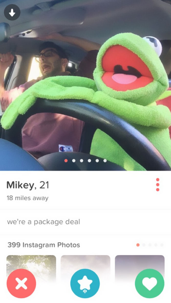 Funniest Tinder profile featuring a person with a Kermit the Frog plush in a car, titled "we're a package deal."