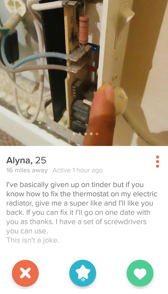 Funny Tinder profile asking for a thermostat fix in exchange for a date, highlighting humor in online dating.
