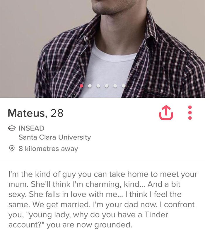 Funny Tinder profile of a guy joking about marrying a date's mom to become her dad.
