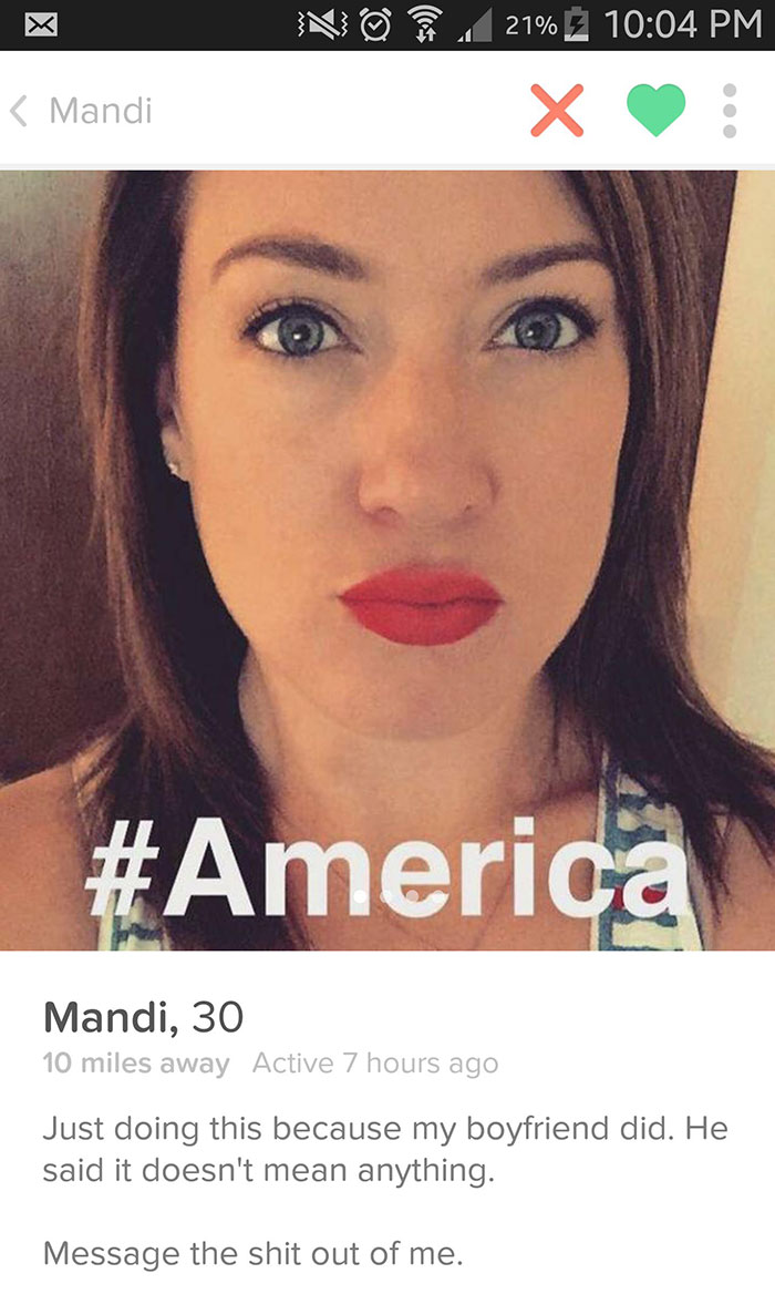 Funny Tinder profile with a woman and #America text overlay, showcasing humorous dating bio.