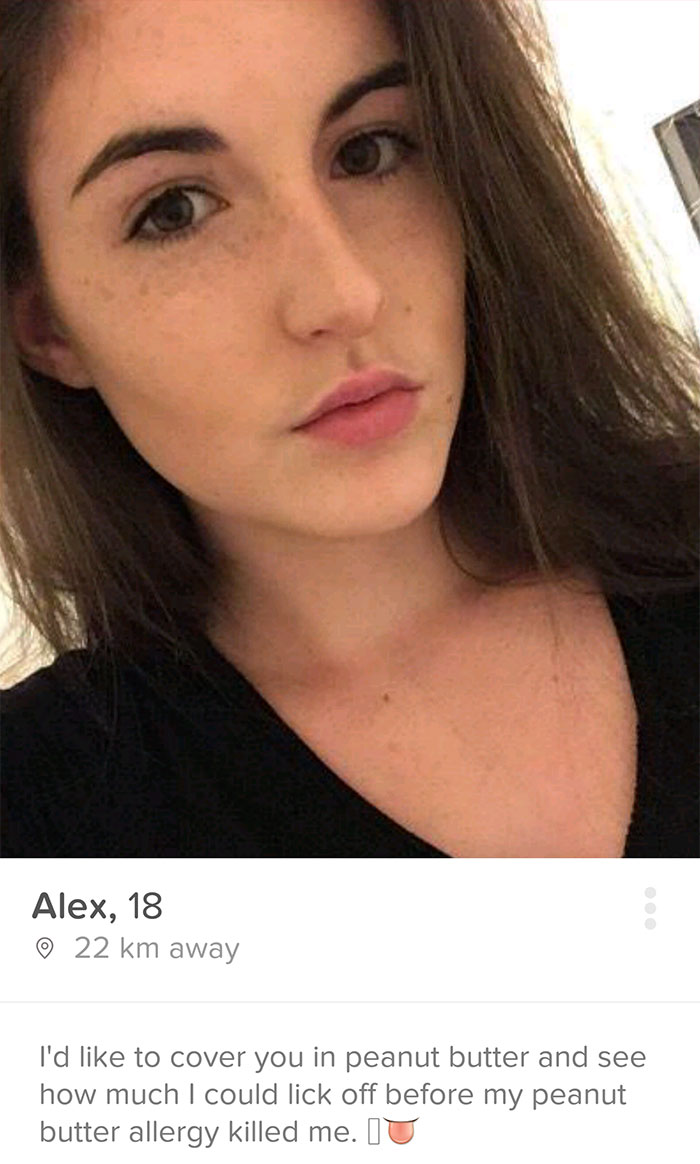 Funny Tinder profile with clever peanut butter allergy joke, featuring young person with long hair.