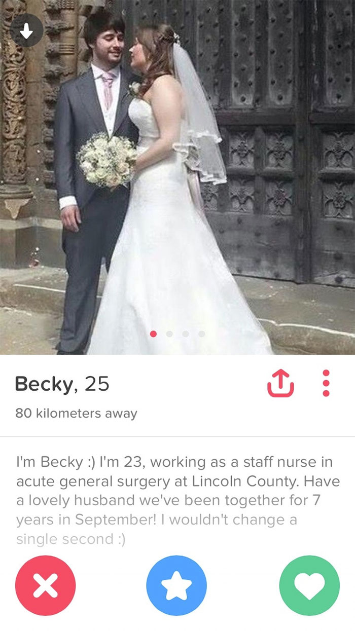 Funny Tinder profile with a wedding photo and humorous bio about marriage.
