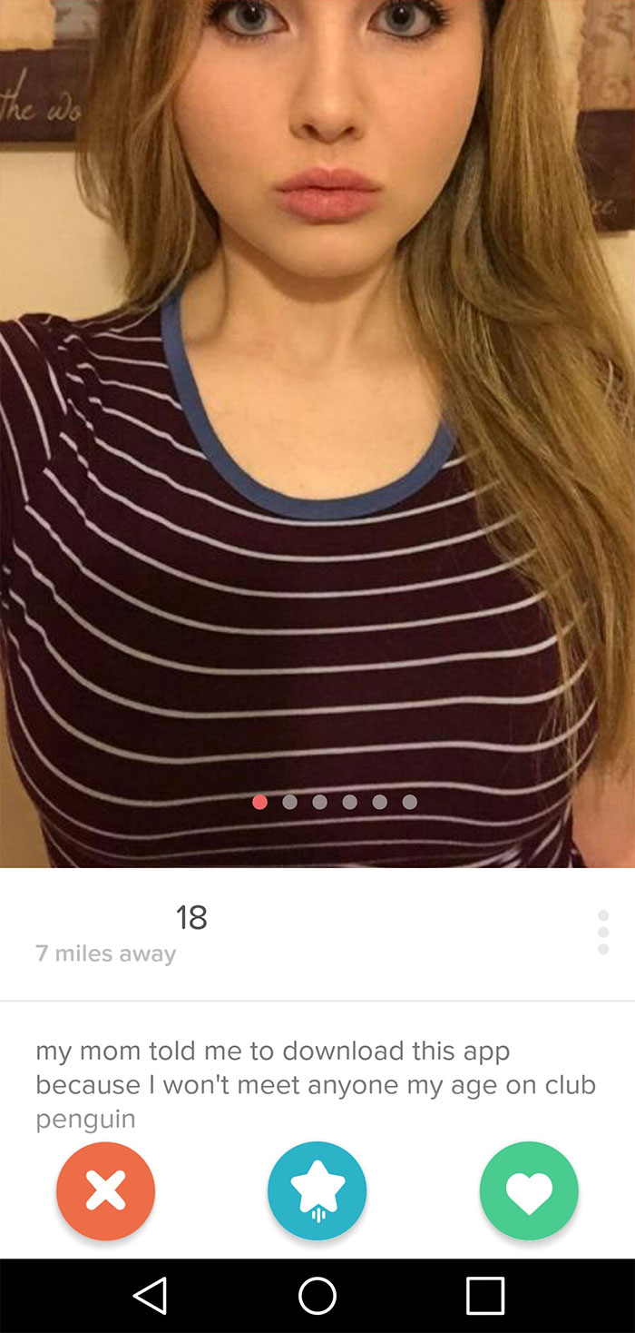 Profile of a young woman with a funny Tinder bio referencing Club Penguin.