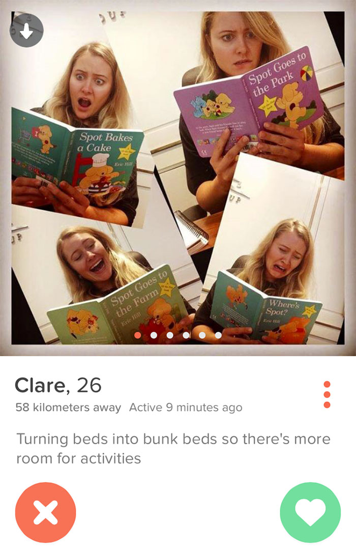 Woman humorously reacting to children's books in funny Tinder profile collage.