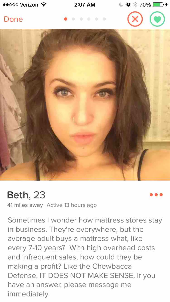 Funny Tinder profile with humorous text about mattress store business logic.