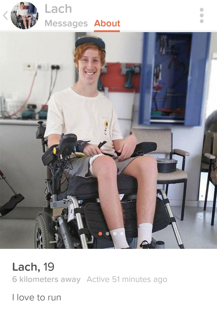 Young man on Tinder profile smiling in wheelchair, showcasing funny Tinder profiles.