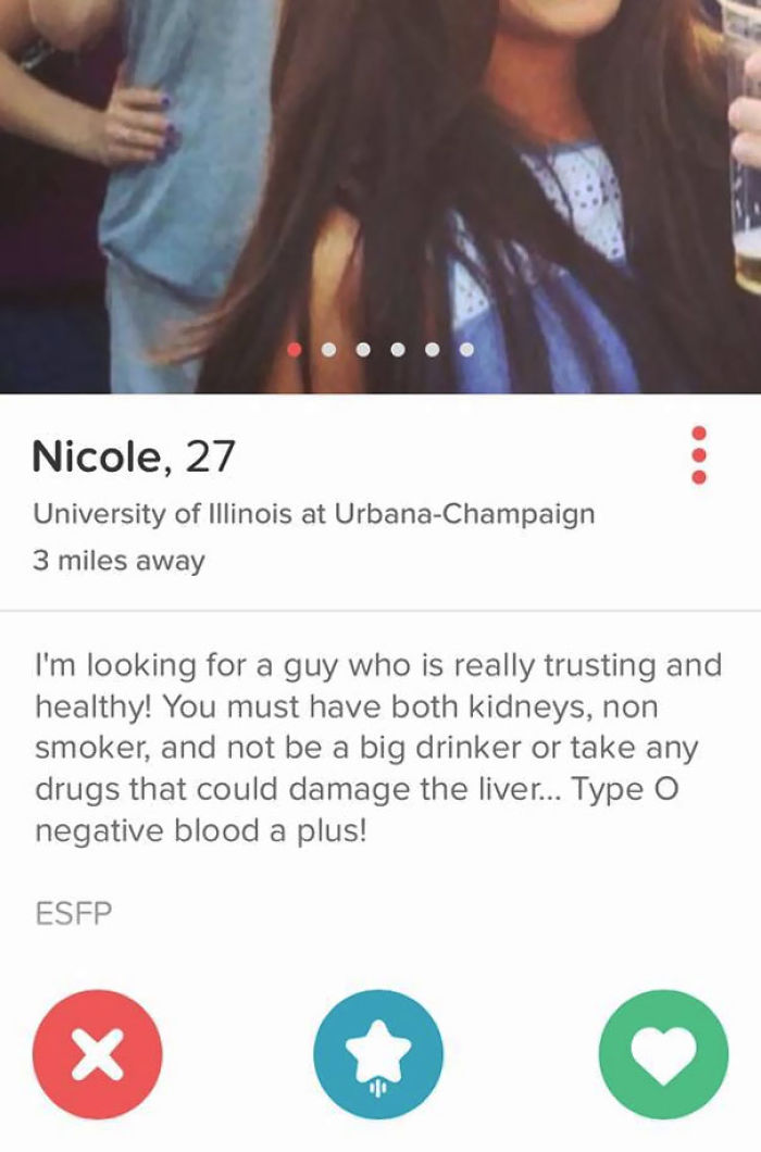 Funny Tinder profile showcasing humorous dating preferences and expectations.
