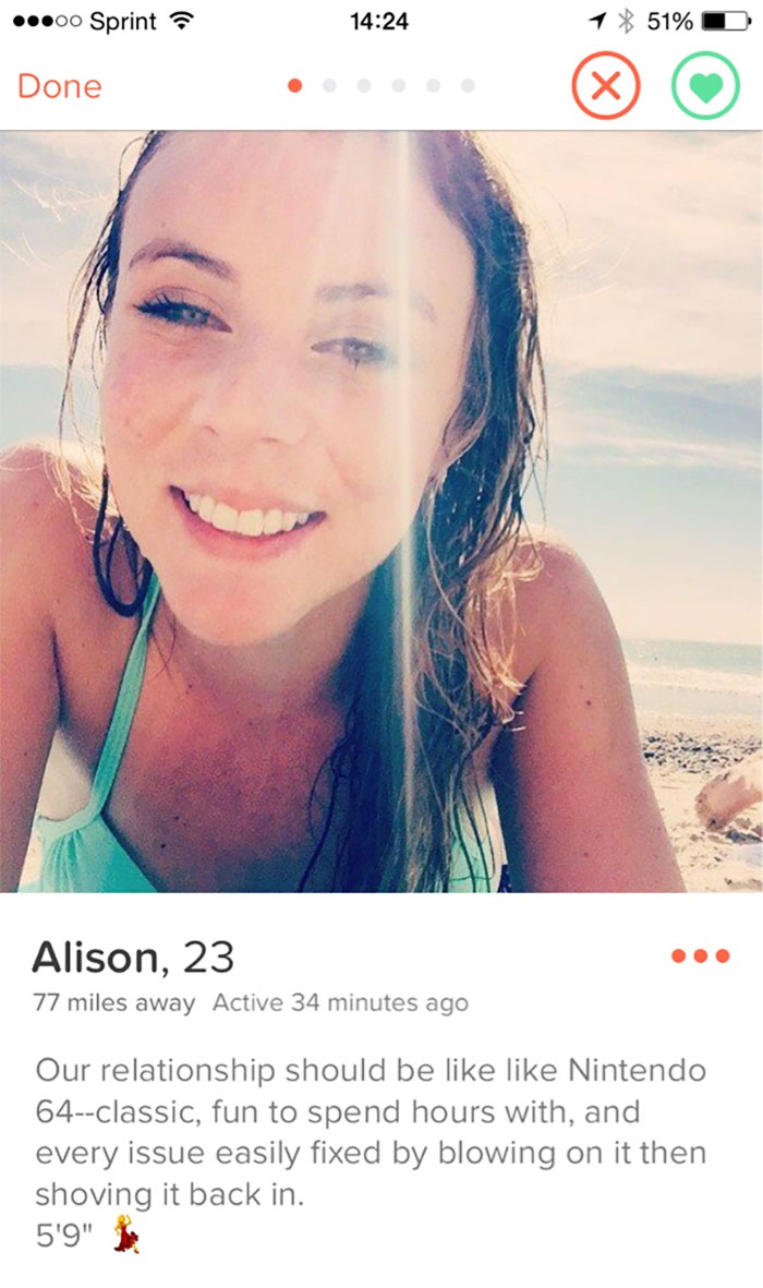 Woman on beach with funny Tinder profile about a Nintendo 64 relationship.