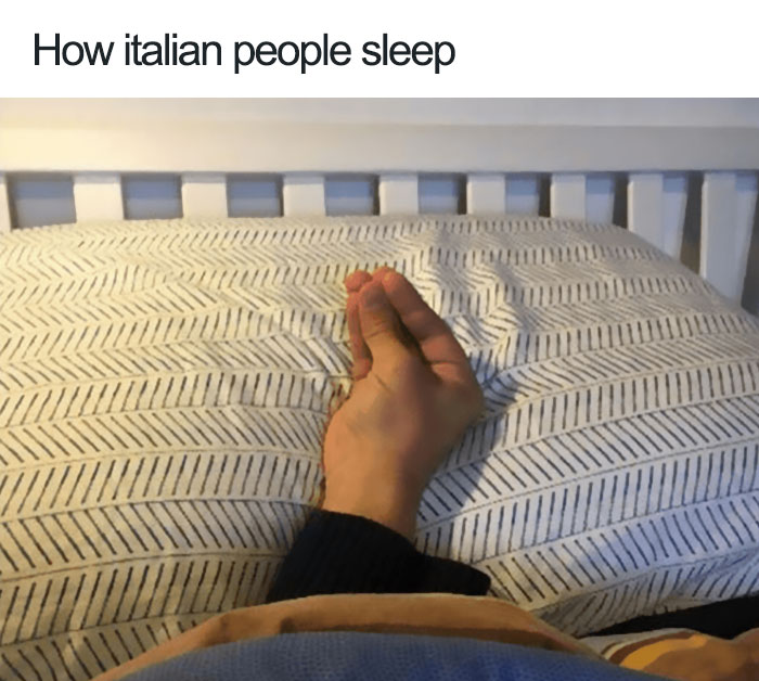 Person showing italian gesture on the pillow meme 