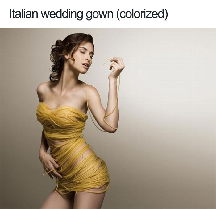 Woman wearing spaghetti as a dress 