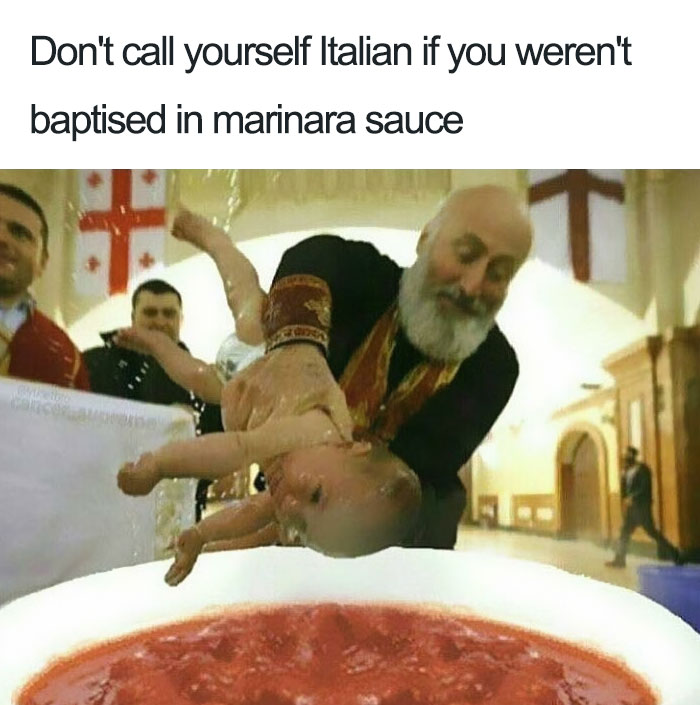 Italian priest baptising a baby in tomato sauce meme