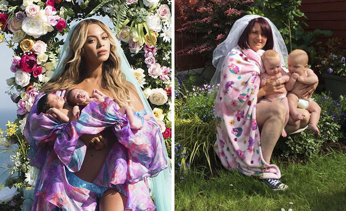 Estos padres recrean de forma divertida las fotos virales de maternidad de Beyoncé para mostrar como es realmente