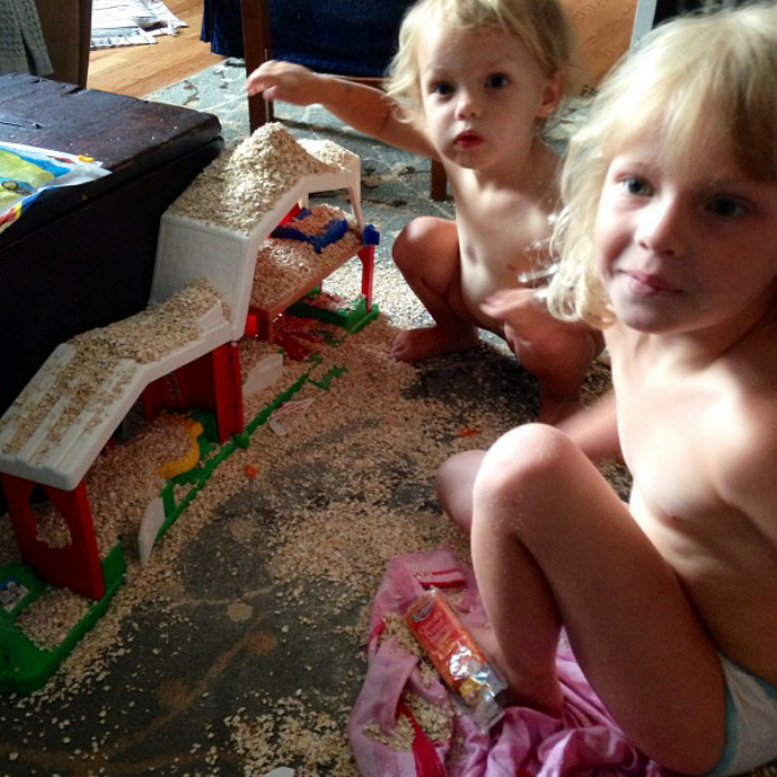 Came Downstairs From Getting The Baby To These 2 Naked Ladies, Dumping Steel Cut Oats On The Floor, Toys, Couch, And Themselves