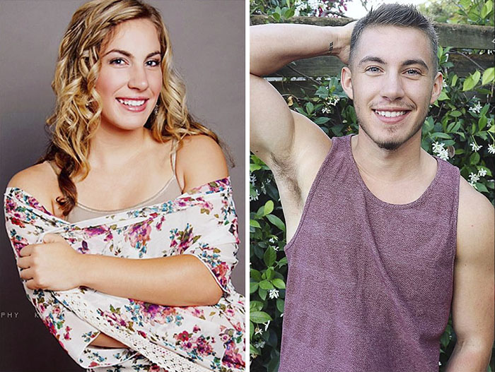 "Jamie Wilson's transformation: before and after female-to-male transition, smiling in floral and tank top outfits. "Jamie Wilson's transformation: before and after female-to-male transition, smiling in floral and tank top outfits.