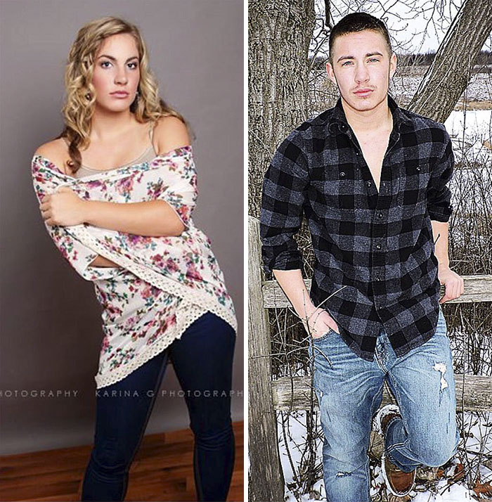 Female-to-male transition photos showing individual before and after, wearing floral top and plaid shirt. Female-to-male transition photos showing individual before and after, wearing floral top and plaid shirt.