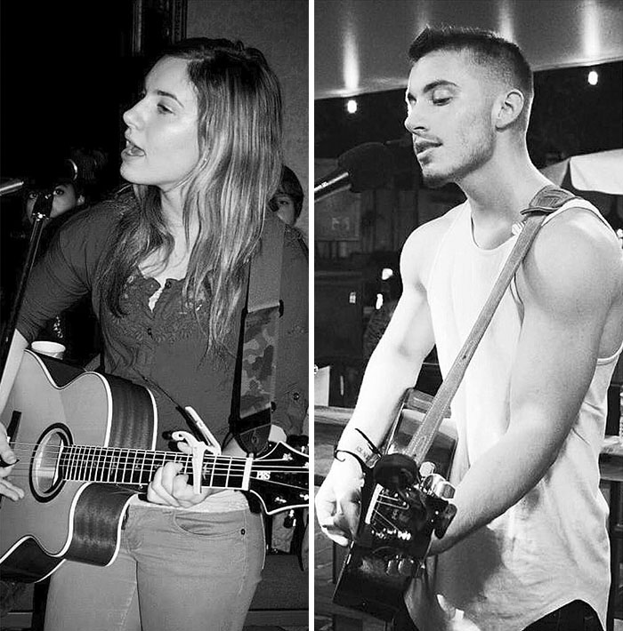 Two photos of Jamie Wilson playing guitar, showcasing female-to-male transition. Two photos of Jamie Wilson playing guitar, showcasing female-to-male transition.