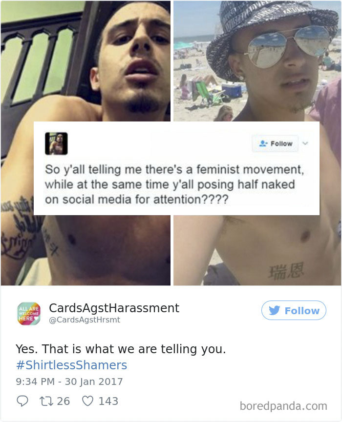 A Woman Is Mocking The Shirtless Dudes