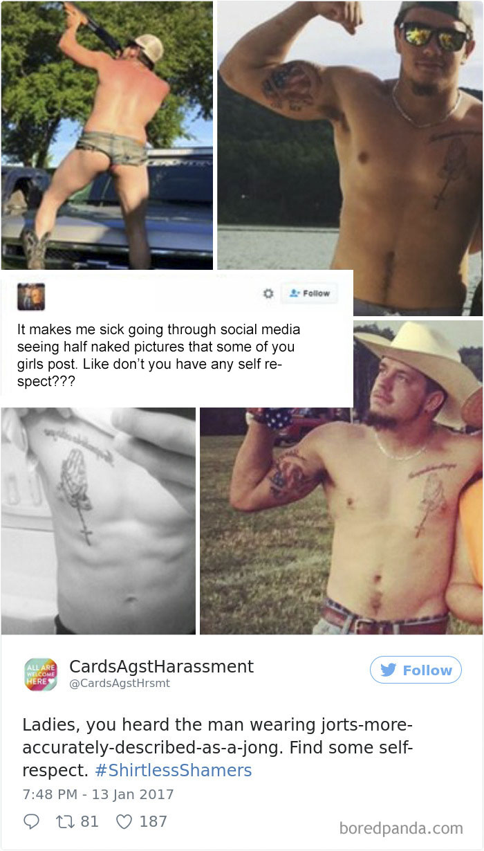 A Woman Is Mocking The Shirtless Dudes