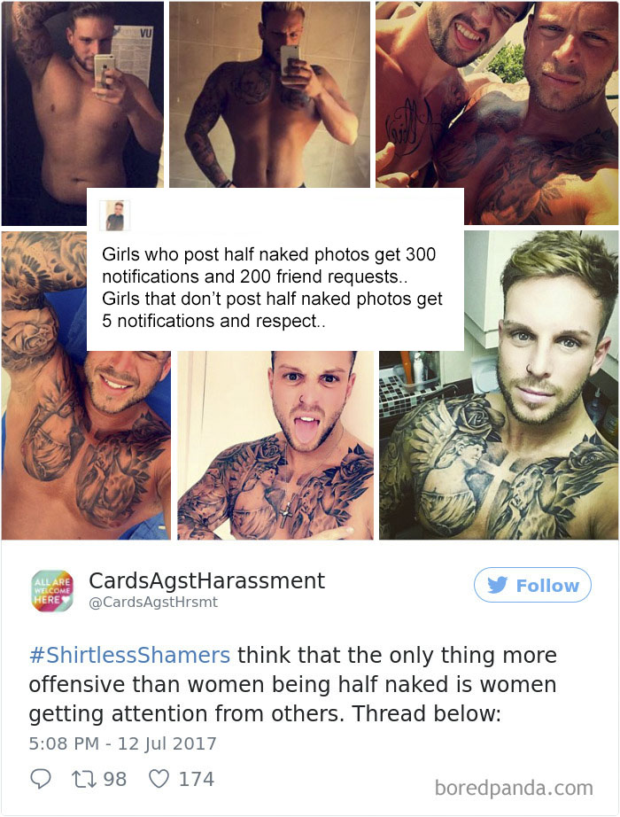 A Woman Is Mocking The Shirtless Dudes