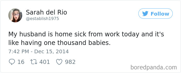 Hilarious post about husband feeling ill, described as caring for a thousand babies.