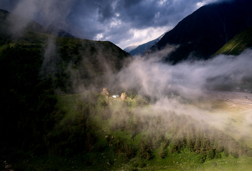 Morning Mist Drifts Over A Small Church Near Ukhati Along The North-south Georgian Military Highway