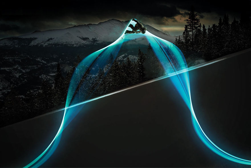 Long Exposure Photography Of A Snowboarder With Leds On His Board