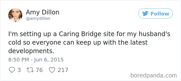 Tweet humorously exaggerating a husband's reaction to a cold, expressing a playful approach to minor ailments.