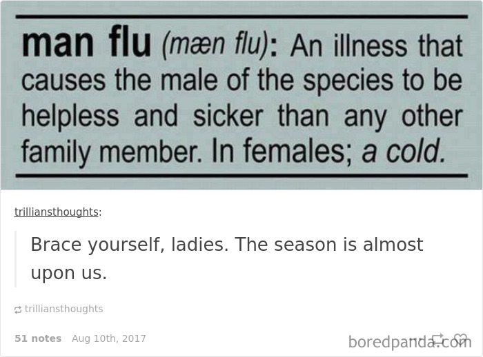 "Man flu" joke describing how husbands exaggerate colds in a humorous post.