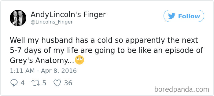 Tweet humorously comparing husband's cold to a "Grey's Anatomy" drama.