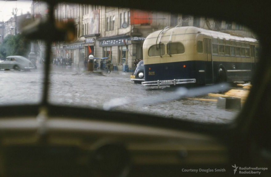 A Public Bus And Several Cars Trapped In A Flood Caused By Summer Rains In Kiev, Ukraine