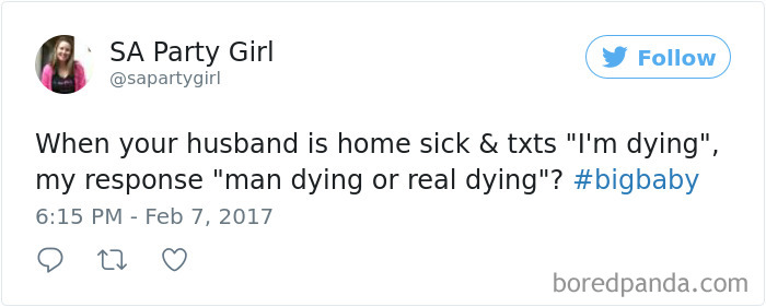 Tweet humorously depicts husbands catching a cold and exaggerating illness seriousness.