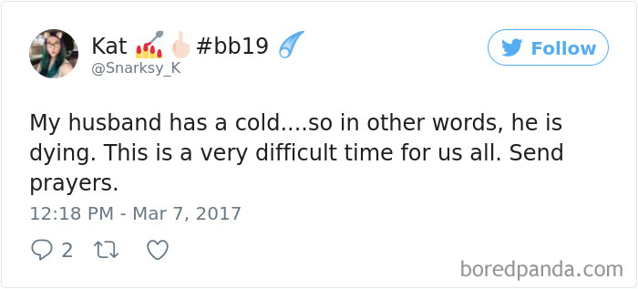 Hilarious post about husband catching a cold, humorously exaggerated as life-threatening.