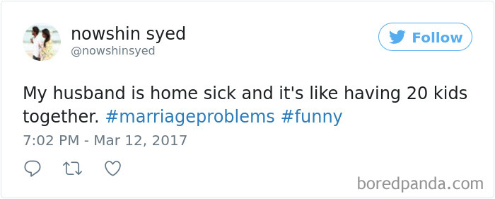 Tweet humorously describing a husband with a cold, likened to caring for twenty kids.