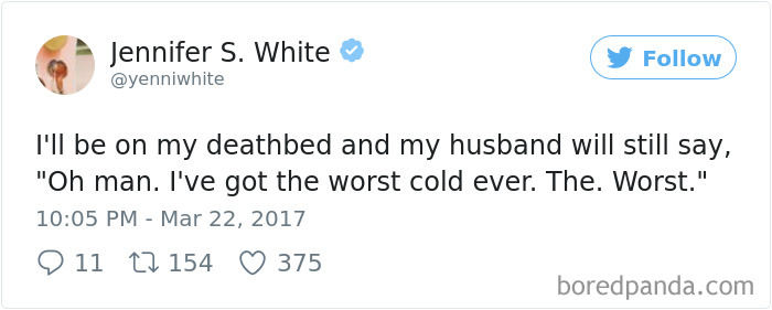 Hilarious tweet about husbands exaggerating when they catch a cold, believing it to be the worst ever.