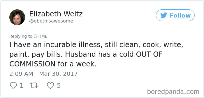 Tweet humorously compares husband's cold to being out of commission, while wife manages daily tasks despite illness.