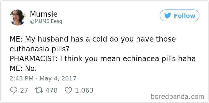 Tweet joking about husbands overreacting to having a cold, pharmacist mistake highlighted.