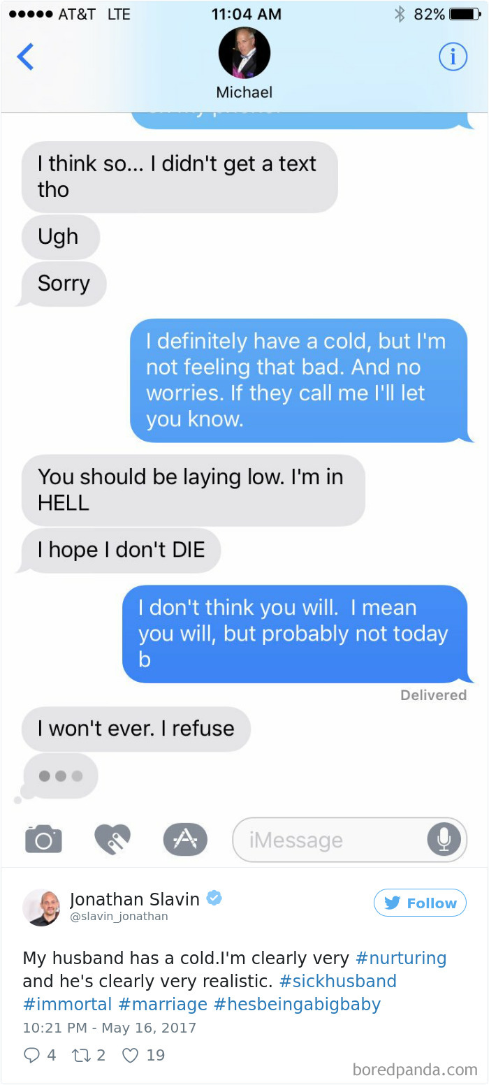Text exchange humorously depicting a husband's reaction to having a cold.