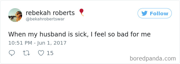 Tweet humor about husbands overreacting to colds.