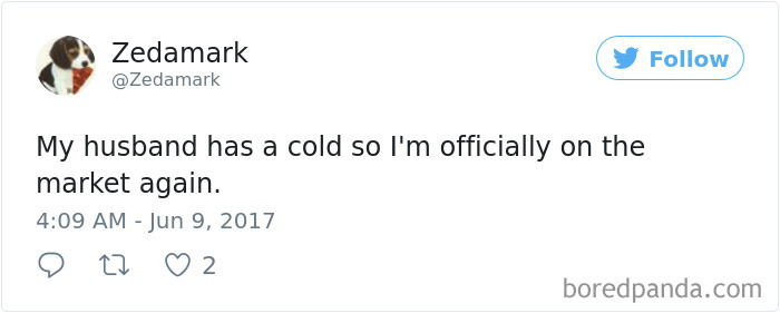Tweet joking about husbands overreacting to having a cold.