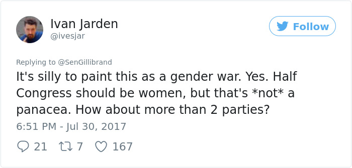 Female Senator Says 50% Of Congress Should Be Women, And This Guy's Comeback Goes Viral Female Senator Says 50% Of Congress Should Be Women, And This Guy's Comeback Goes Viral