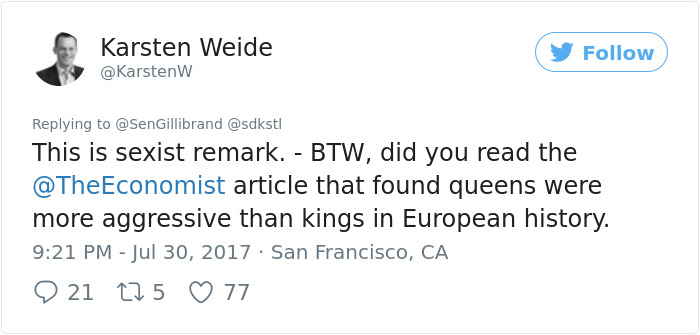 Female Senator Says 50% Of Congress Should Be Women, And This Guy's Comeback Goes Viral Female Senator Says 50% Of Congress Should Be Women, And This Guy's Comeback Goes Viral