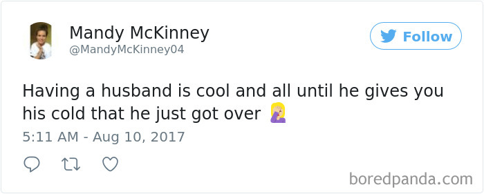 Funny post about husbands acting dramatic when sick, with a woman emoji and the text, "Having a husband is cool and all..."