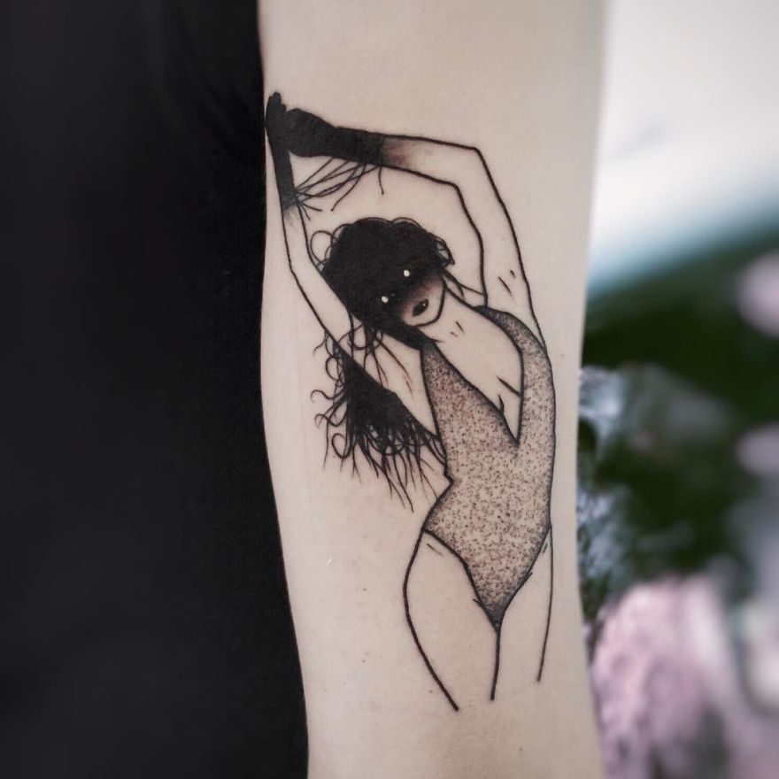 Tattoo of a faceless girl in a swimsuit with arms raised, inked on a forearm.