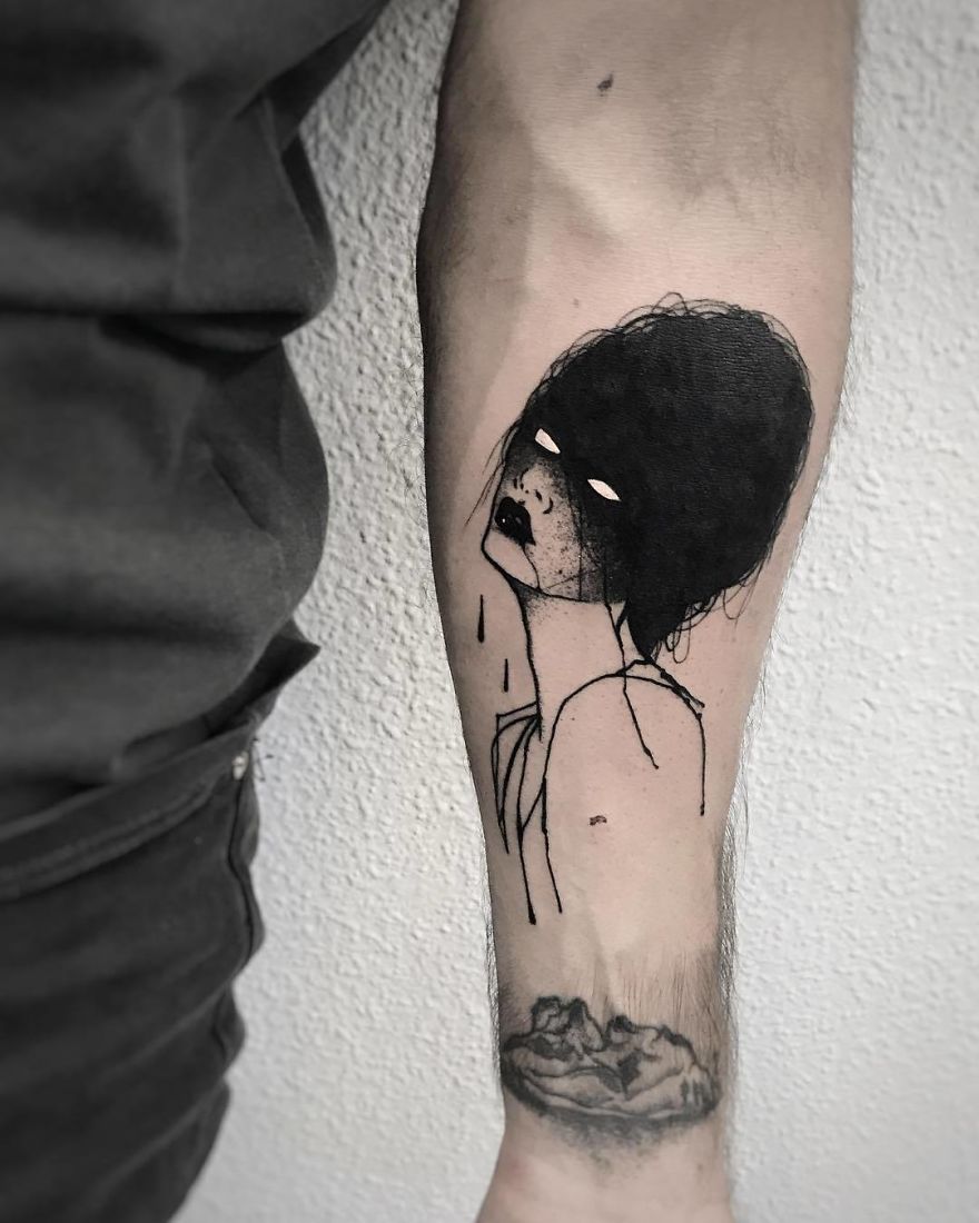 Faceless girl tattoo on forearm with abstract, slightly erotic design.