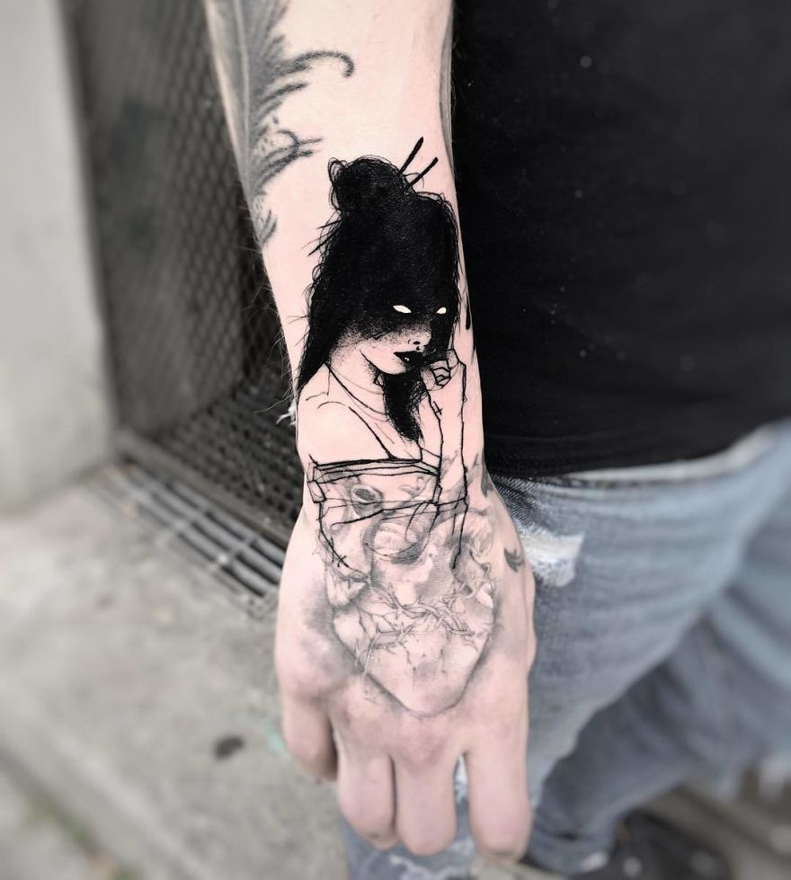 Faceless girl tattoo on arm, depicting a mysterious figure with dark hair and piercing eyes.