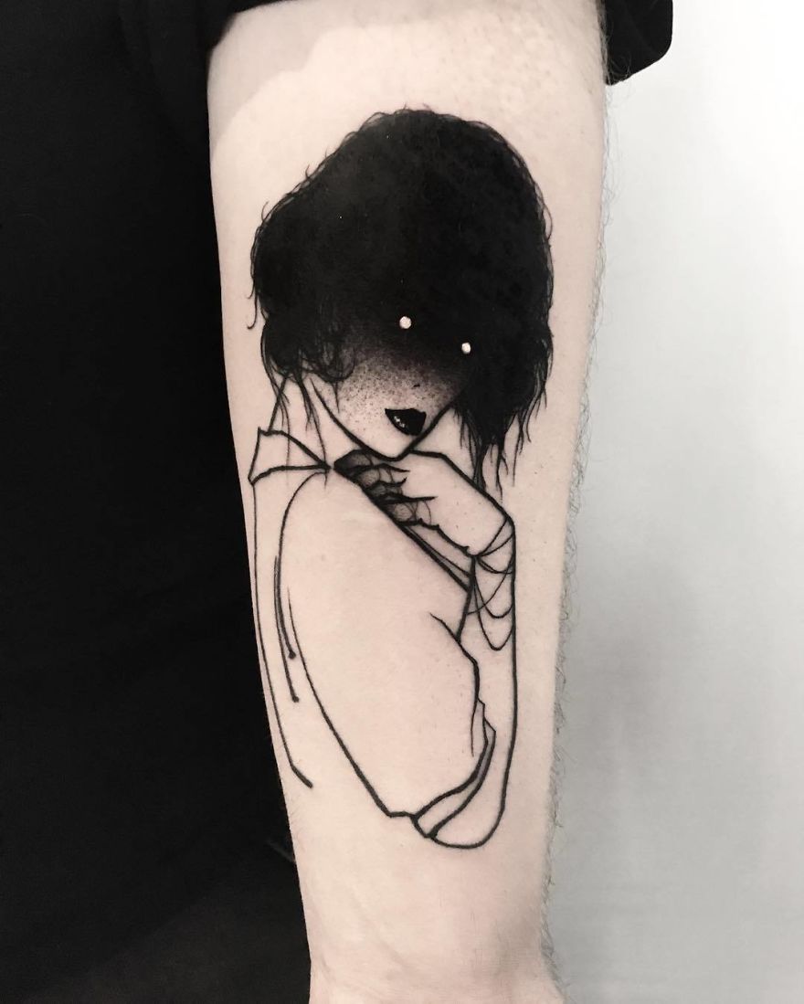 Tattoo of a faceless girl with dark hair and abstract features on an arm.
